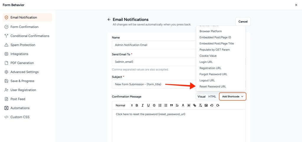 Custom Lost Password and Reset Password Pages lost password email setting
