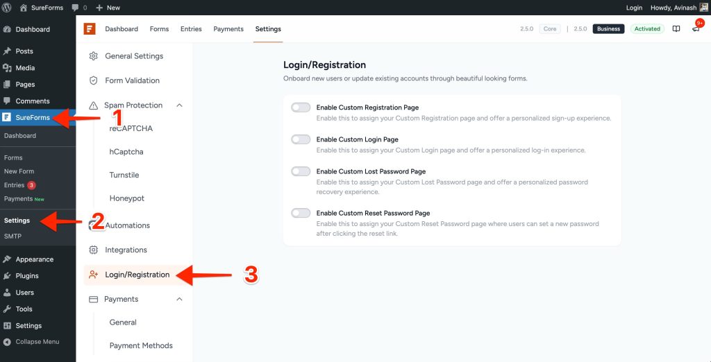 Custom Lost Password and Reset Password Pages sureforms → settings.