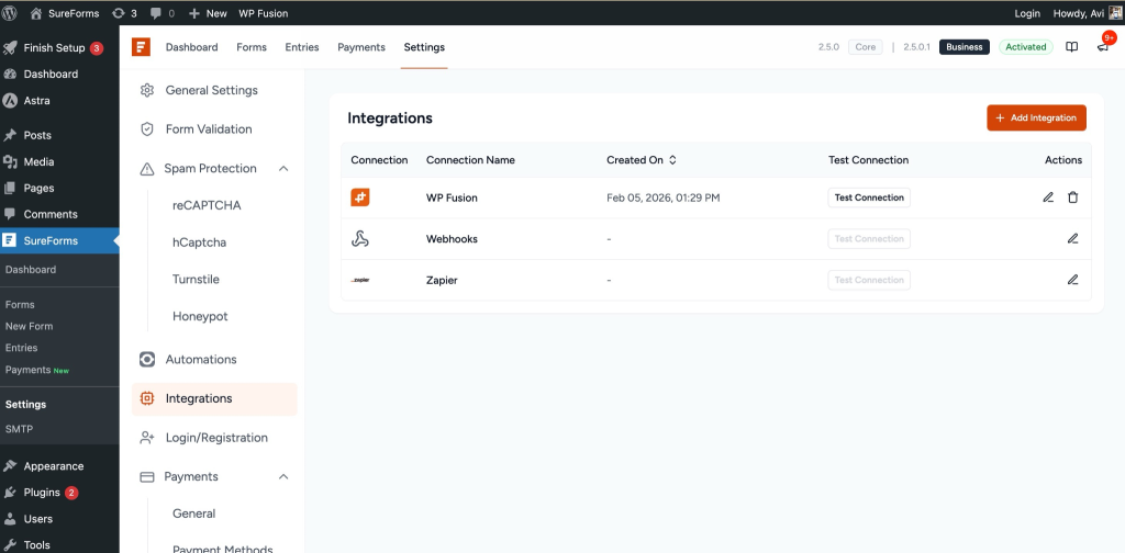 SureForms Integration with WP Fusion integration is ready