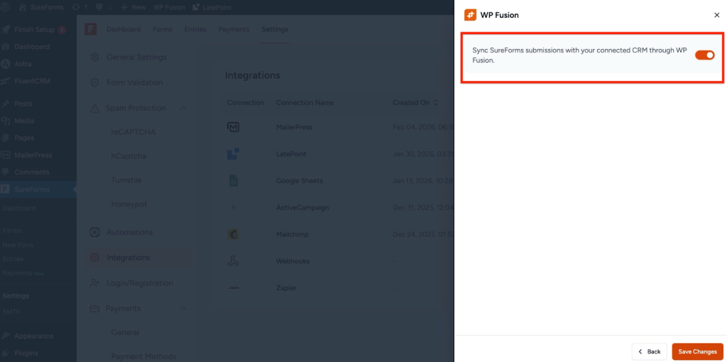 SureForms Integration with WP Fusion Enable the integration toggle