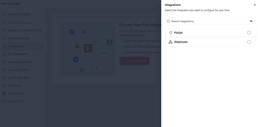 Add Integration → Mailjet selection]
