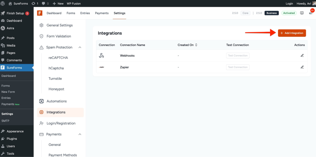 SureForms Integration with WP Fusion Integrations tab