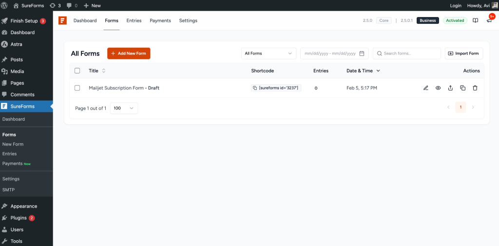 SureForms Integration with Mailjet SureForms → Forms