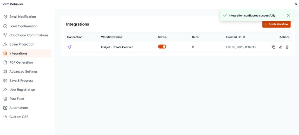 SureForms Integration with Mailjet Successful Mailjet connection added.
