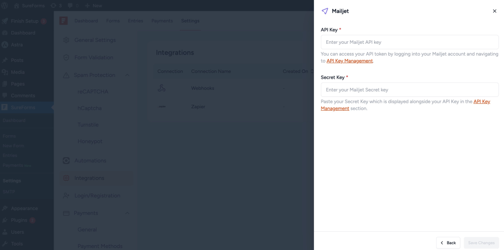 SureForms Integration with Mailjet Enter your API Key and Secret Key.