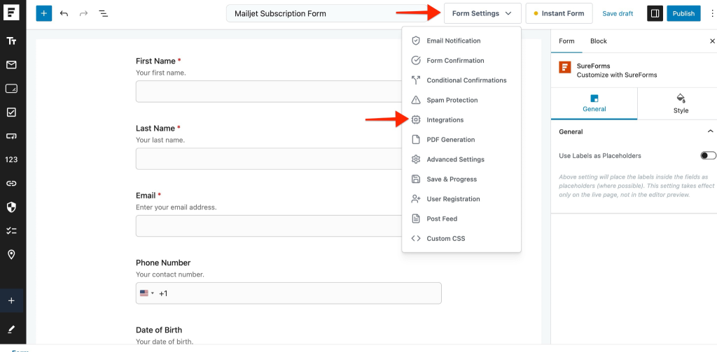 SureForms Integration with Mailjet Form Settings