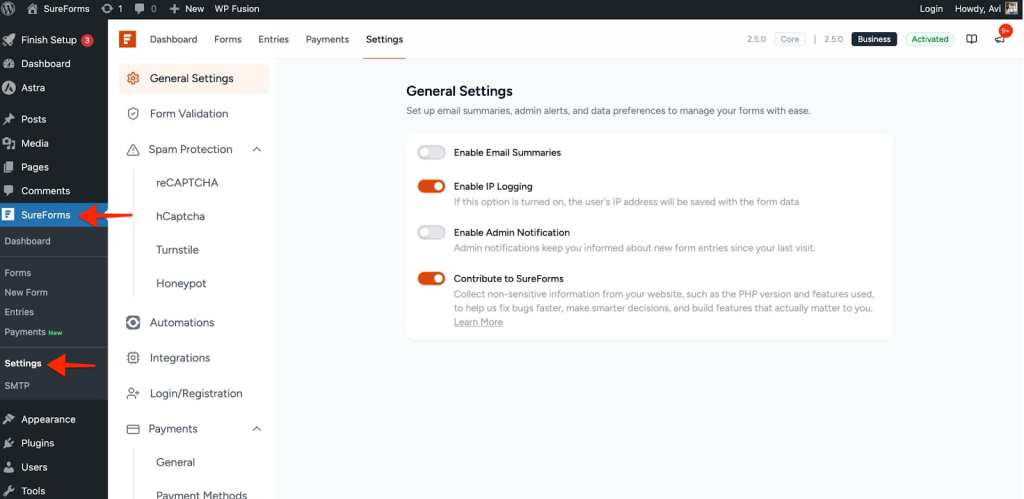 SureForms Integration with Mailjet SureForms → Settings.
