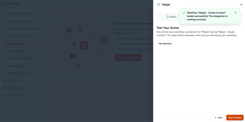 SureForms Integration with Mailjet Test tab