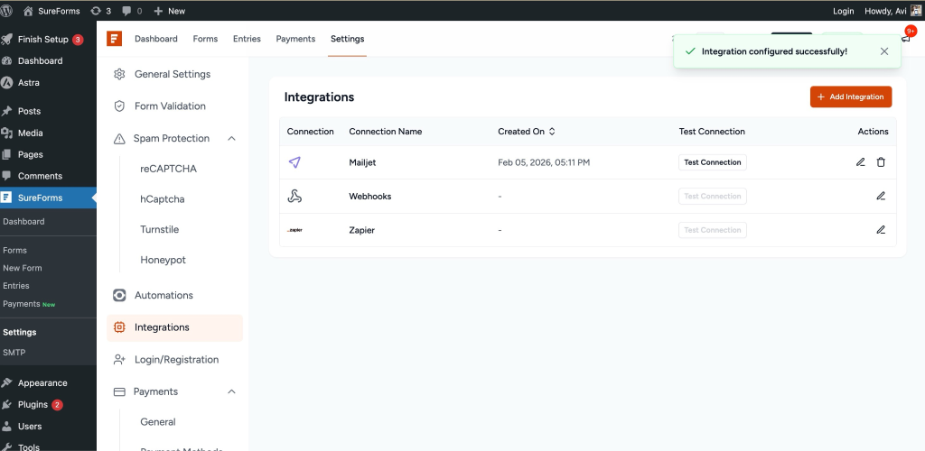 SureForms Integration with Mailjet Mailjet listed under connected integrations