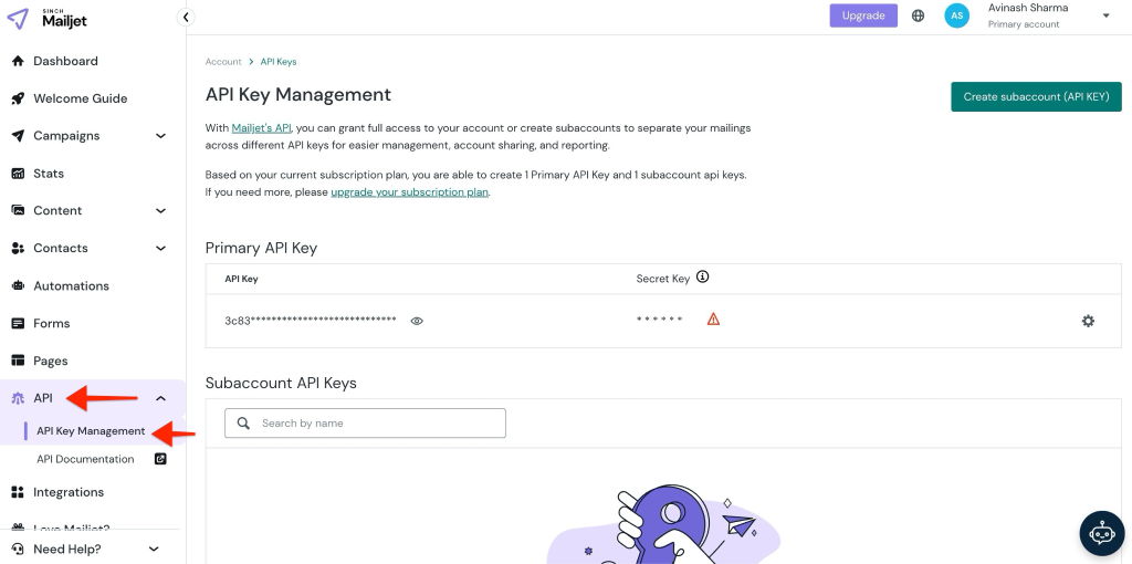 Mailjet REST API keys page]