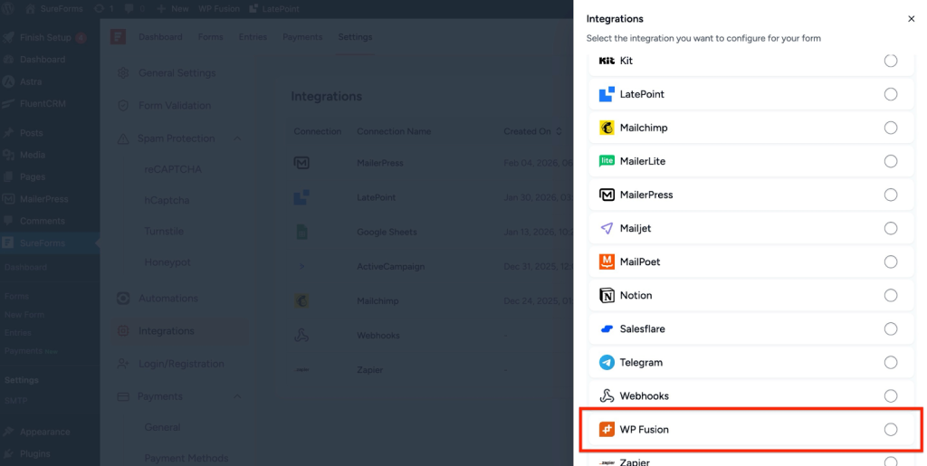 SureForms Integration with WP Fusion Select WP Fusion