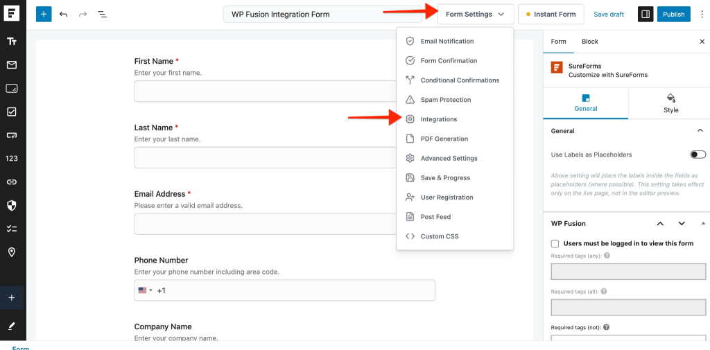 SureForms Integration with WP Fusion Form Settings option